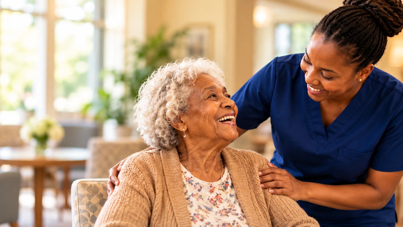 A caregiver and an older adult sharing a warm smile