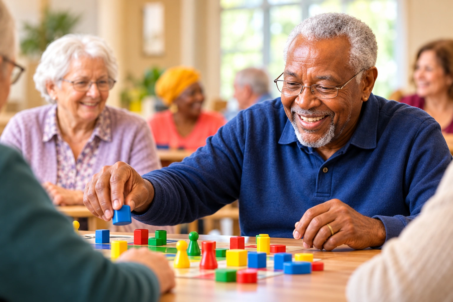 Smiling adult engaged in a tabletop activity