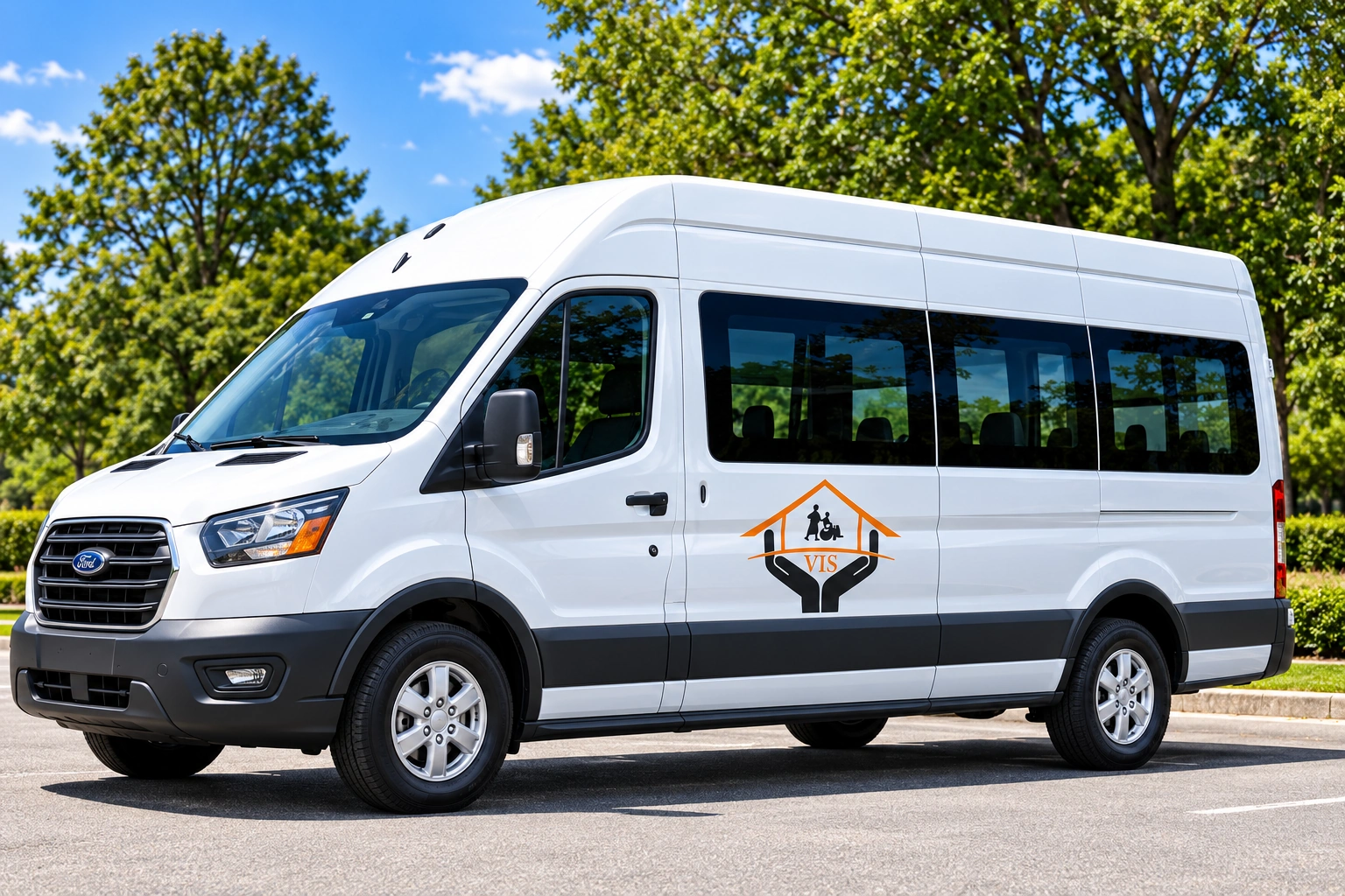Illustration of a white passenger shuttle with VIS branding