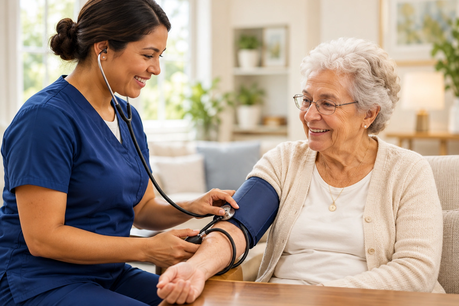 A caregiver assisting with a blood pressure check